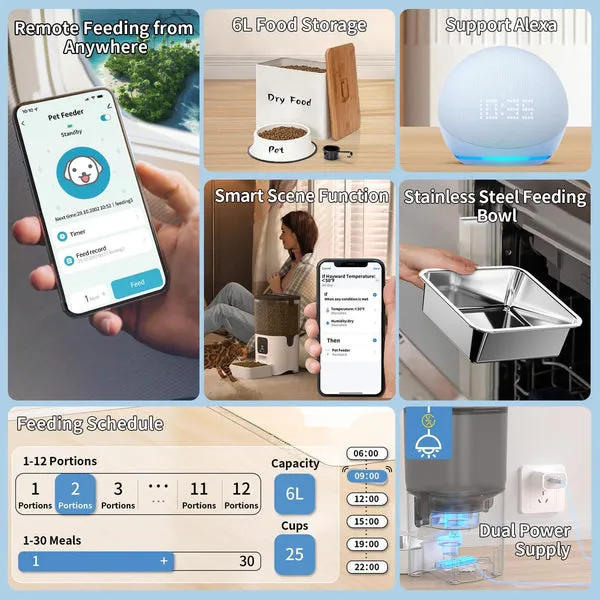 Dispensador automático de comida para mascotas, 6 litros de capacidad, control remoto WiFi, hasta 30 comidas diarias, porciones ajustables, acero inoxidable, para perros y gatos, foto 2 de 5
