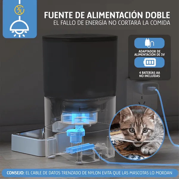 Dispensador automático de comida para mascotas, 6 litros de capacidad, control remoto WiFi, hasta 30 comidas diarias, porciones ajustables, acero inoxidable, para perros y gatos, foto 4 de 5