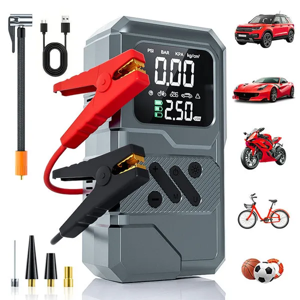 Arrancador de batería y compresor de aire portátil 4 en 1, con powerbank y linterna LED, ideal para carros, motos y viajes, foto 1 de 5