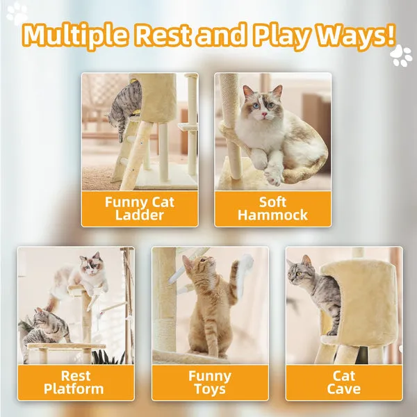 Torre para gatos con rascador de 3 pisos, percha acogedora, auto peluquero y bola interactiva, para gatos pequeños y medianos, multinivel, resistente y estable, foto 3 de 5