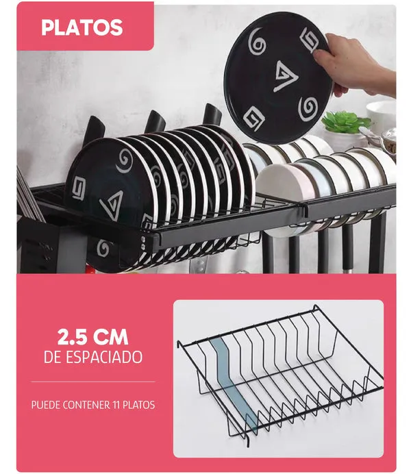 Escurridor de platos sobre fregadero, alta capacidad, acero inoxidable 304, incluye cesta, soporte para utensilios, tabla de cortar y ganchos, para cocina, hogar, foto 5 de 6