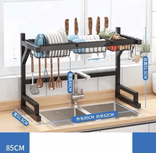 Escurridor de platos sobre fregadero, alta capacidad, acero inoxidable 304, incluye cesta, soporte para utensilios, tabla de cortar y ganchos, para cocina, hogar, foto 6 de 6