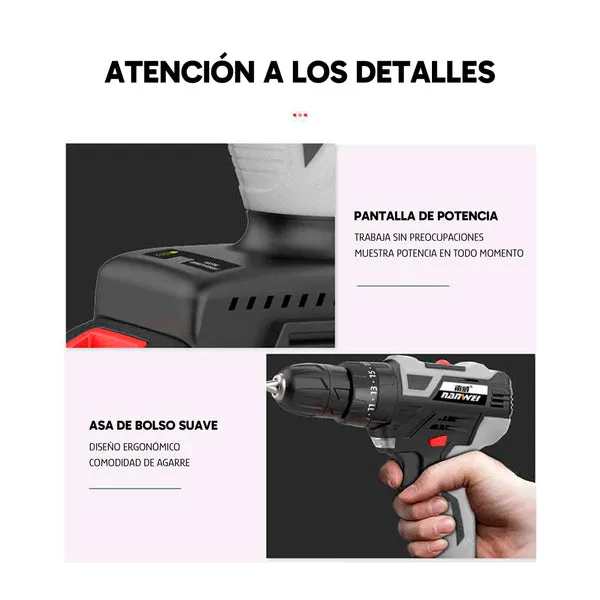 Taladro inalámbrico Nanwei, 21V, con amplios accesorios, 1 batería, para carpintería y construcción, foto 3 de 5