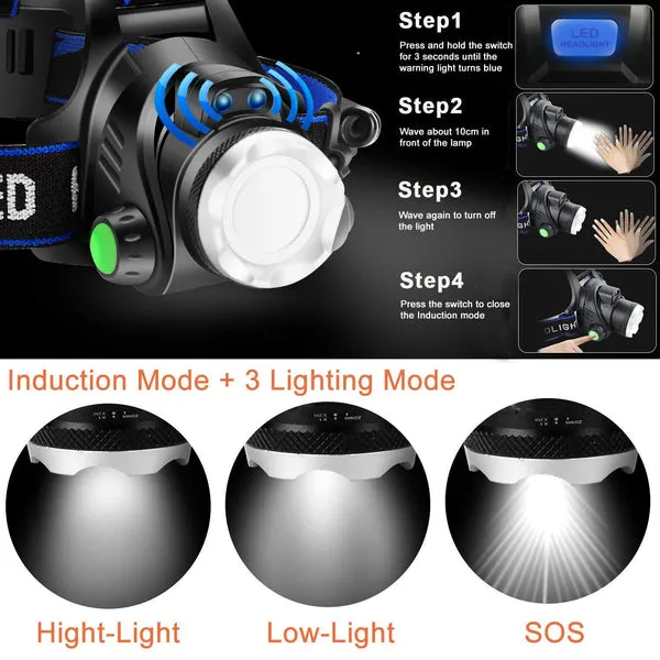 Foco led frontal, 8000 lúmenes, 3 modos de luz, 180° haz, recargable, resistente al agua IPX4, para correr, bicicleta y pesca, foto 2 de 6