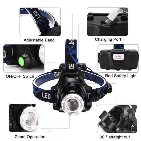 Foco led frontal, 8000 lúmenes, 3 modos de luz, 180° haz, recargable, resistente al agua IPX4, para correr, bicicleta y pesca, foto 6 de 6