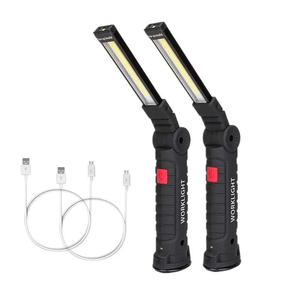 Pack de 2 Focos LED de trabajo recargables, 5 modos de iluminación, base magnética, gancho giratorio, plegable, incluye cable USB, para taller, hogar y camping, foto 1 de 6