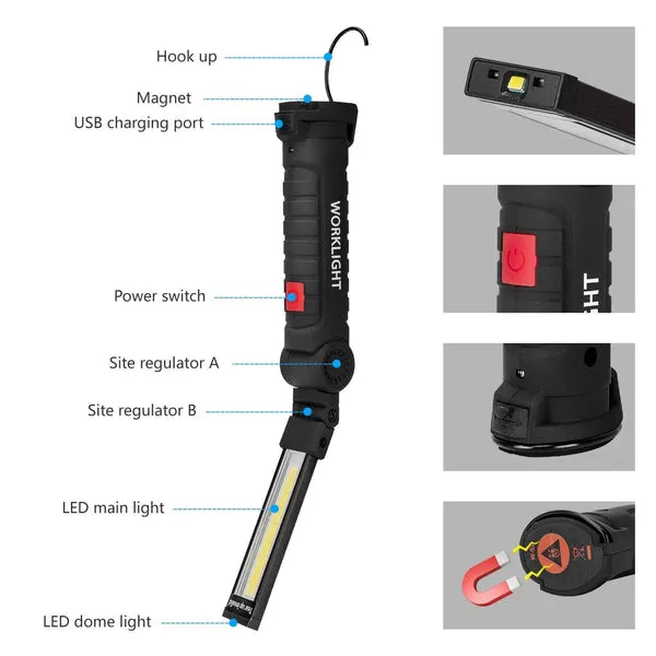 Pack de 2 Focos LED de trabajo recargables, 5 modos de iluminación, base magnética, gancho giratorio, plegable, incluye cable USB, para taller, hogar y camping, foto 2 de 6