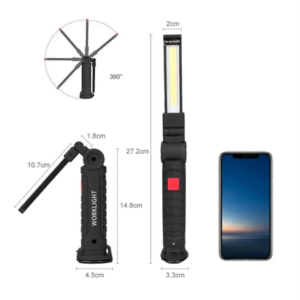 Pack de 2 Focos LED de trabajo recargables, 5 modos de iluminación, base magnética, gancho giratorio, plegable, incluye cable USB, para taller, hogar y camping, foto 4 de 6