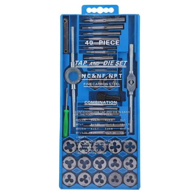 Kit de roscado 40 piezas, machuelos y troqueles, acero al carbono, para crear y reparar roscas internas y externas, incluye estuche organizador, para bricolaje y talleres mecánicos, foto 1 de 4