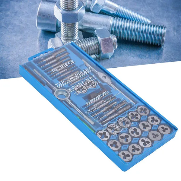 Kit de roscado 40 piezas, machuelos y troqueles, acero al carbono, para crear y reparar roscas internas y externas, incluye estuche organizador, para bricolaje y talleres mecánicos, foto 3 de 4