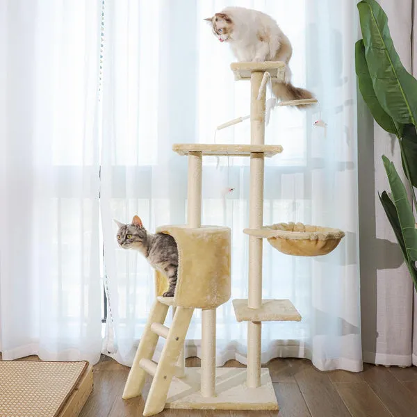 Rascador para gatos de interior, varios niveles, 145 cm de alto, con poste rascador, perca, hamaca y cama, torre de escalada resistente, para hogar, foto 1 de 5