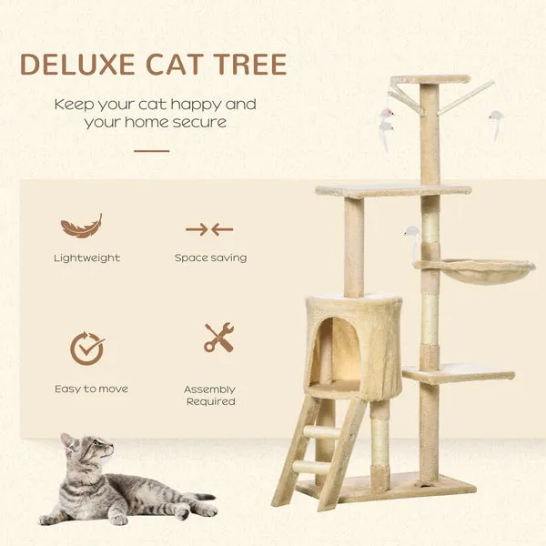 Rascador para gatos de interior, varios niveles, 145 cm de alto, con poste rascador, perca, hamaca y cama, torre de escalada resistente, para hogar, foto 2 de 5