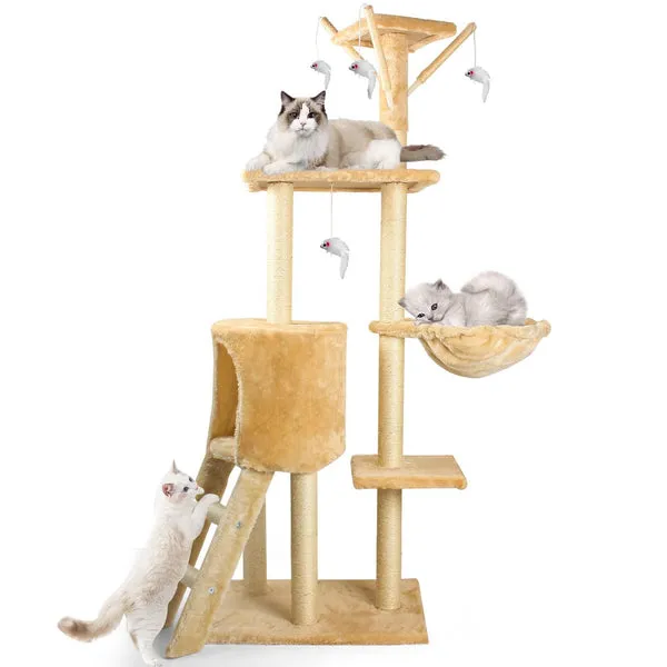 Rascador para gatos de interior, varios niveles, 145 cm de alto, con poste rascador, perca, hamaca y cama, torre de escalada resistente, para hogar, foto 3 de 5