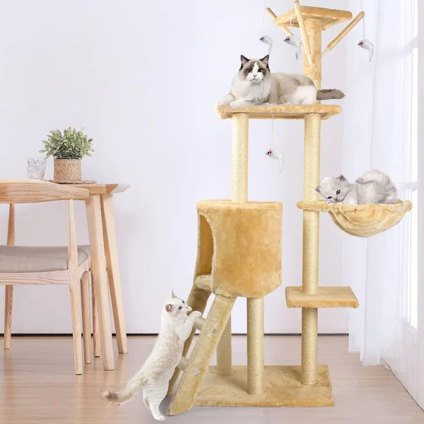 Rascador para gatos de interior, varios niveles, 145 cm de alto, con poste rascador, perca, hamaca y cama, torre de escalada resistente, para hogar, foto 4 de 5