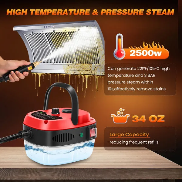 Limpiador de vapor portátil de mano, 2500W de alta potencia, 1 litro de capacidad, con 3 cabezales de cepillo, para limpieza de cocina, baño y automóvil, foto 4 de 5