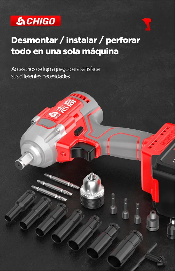 Taladro de impacto CHIGO, 380Nm, 2200 RPM, 3300 IPM, 2 baterías, resistente al agua y al polvo, incluye accesorios, para profesionales y bricolaje, foto 3 de 5