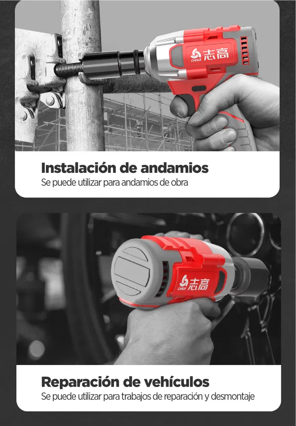 Taladro de impacto CHIGO, 380Nm, 2200 RPM, 3300 IPM, 2 baterías, resistente al agua y al polvo, incluye accesorios, para profesionales y bricolaje, foto 4 de 5