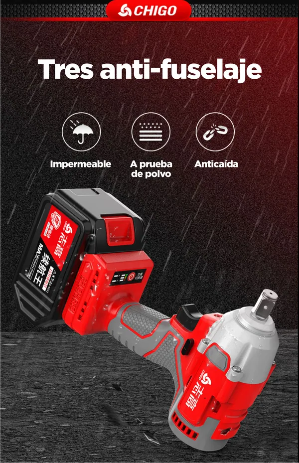 Taladro de impacto CHIGO, 380Nm, 2200 RPM, 3300 IPM, 2 baterías, resistente al agua y al polvo, incluye accesorios, para profesionales y bricolaje, foto 5 de 5