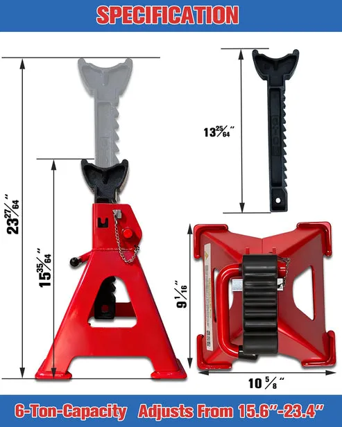 Burras de soporte para vehículo, 6 toneladas de capacidad, acero reforzado, altura ajustable, base estable, para taller y hogar, par, foto 5 de 5