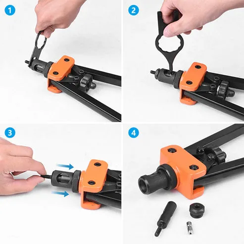 Remachadora manual de tuercas, 14 pulgadas, 6 mandriles intercambiables M3-M10, incluye 150 tuercas remaches, diseño ergonómico para hogar y reparaciones, foto 2 de 5