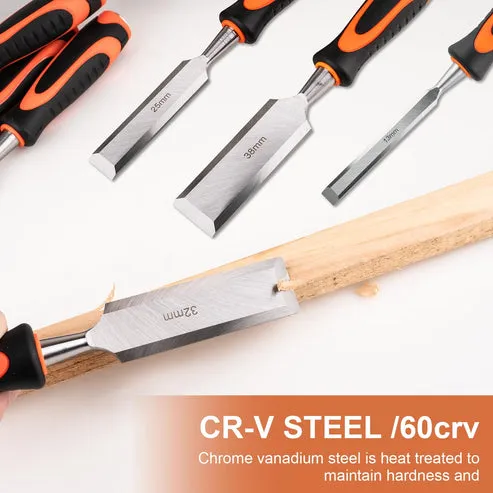 Kit profesional de 6 cinceles para madera con guía de afilado, acero de alta calidad, mangos ergonómicos, incluye piedra de afilar, lápices de carpintero y estuche organizador, foto 2 de 5