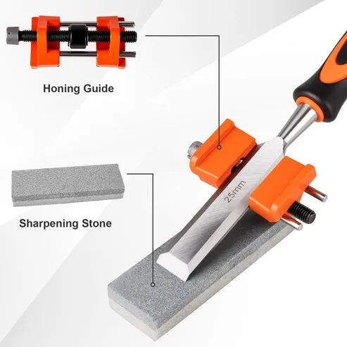 Kit profesional de 6 cinceles para madera con guía de afilado, acero de alta calidad, mangos ergonómicos, incluye piedra de afilar, lápices de carpintero y estuche organizador, foto 3 de 5
