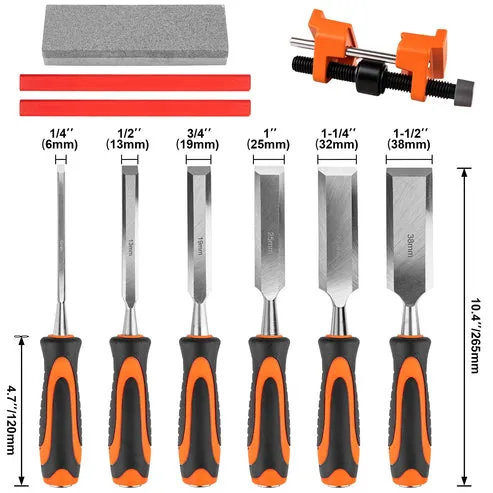 Kit profesional de 6 cinceles para madera con guía de afilado, acero de alta calidad, mangos ergonómicos, incluye piedra de afilar, lápices de carpintero y estuche organizador, foto 4 de 5