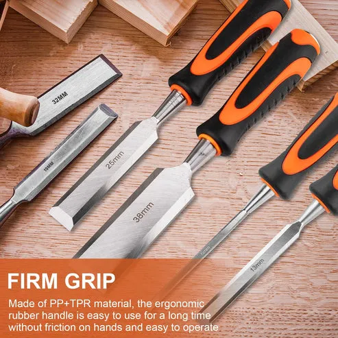 Kit profesional de 6 cinceles para madera con guía de afilado, acero de alta calidad, mangos ergonómicos, incluye piedra de afilar, lápices de carpintero y estuche organizador, foto 5 de 5