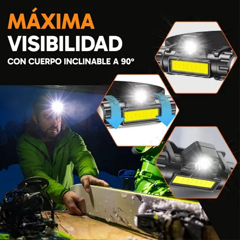 Foco LED frontal recargable, 500 lúmenes, batería 1200 mAh, resistente al agua, ideal para camping, senderismo, caza, pesca y reparaciones, foto 2 de 5