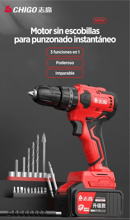 Combo de Taladros de Impacto 380NM e Inalámbrico Percutor 150NM marca CHIGO, motor sin escobillas, para hogar y trabajo, foto 2 de 4