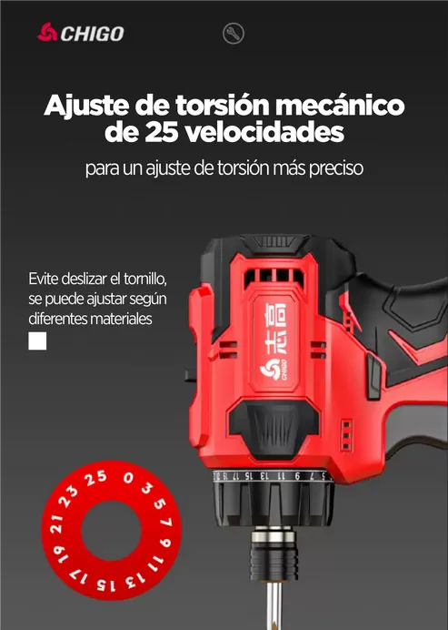 Destornillador inalámbrico 21 Voltios CHIGO, 25 velocidades, luz LED, instalación sin herramientas, broca instalable directamente, para hogar y trabajos de bricolaje, foto 3 de 5