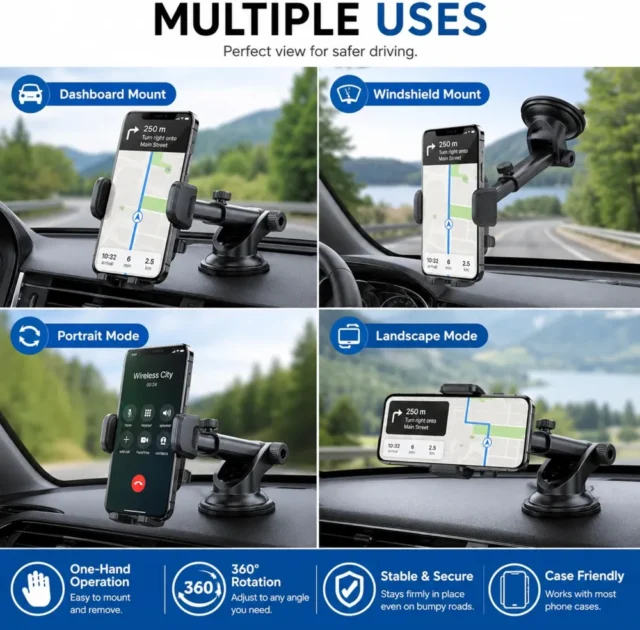 Soporte para teléfono de automóvil, ultra estable, compatible con teléfonos grandes y funda gruesa, brazo largo para tablero, para parabrisas, foto 3 de 6