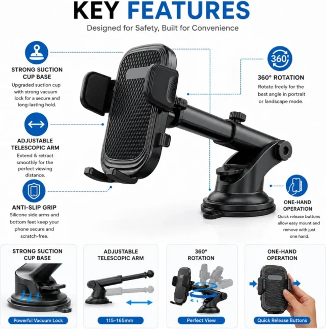 Soporte para teléfono de automóvil, ultra estable, compatible con teléfonos grandes y funda gruesa, brazo largo para tablero, para parabrisas, foto 6 de 6