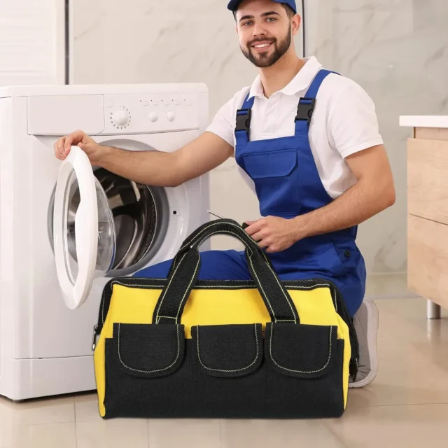 Paquete de 3 bolsas para herramientas Sanwuta, fondo rígido impermeable, boca ancha, 13 pulgadas, amarillo, para electricista y carpintero, foto 2 de 5