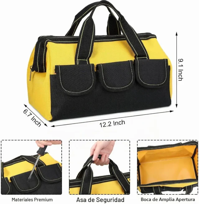 Paquete de 3 bolsas para herramientas Sanwuta, fondo rígido impermeable, boca ancha, 13 pulgadas, amarillo, para electricista y carpintero, foto 4 de 5