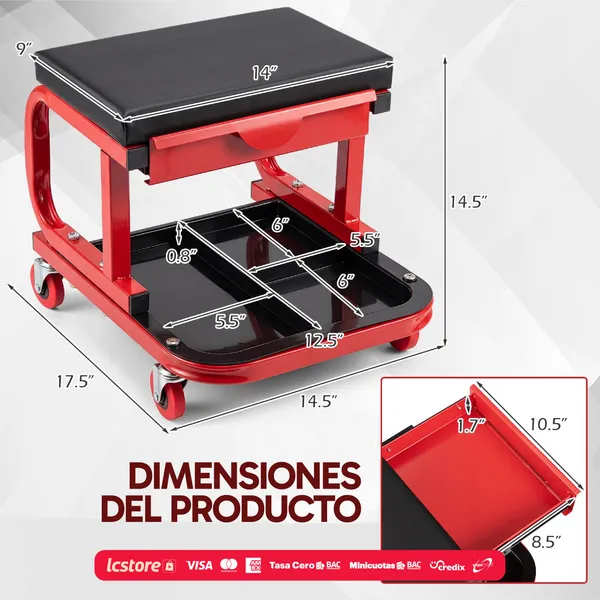 Asiento Mecánico Rodante con Cajón Organizador y Bandeja de Servicio, Capacidad 150 kg / 330 LB, para Taller y Hogar, foto 3 de 4