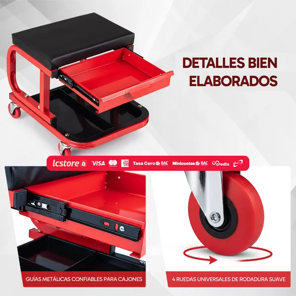 Asiento Mecánico Rodante con Cajón Organizador y Bandeja de Servicio, Capacidad 150 kg / 330 LB, para Taller y Hogar, foto 4 de 4