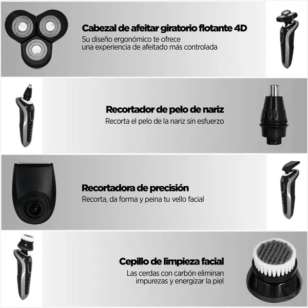 Afeitadora eléctrica recargable 5 en 1, 100% impermeable IPX7, para hombre, con cepillos multifuncionales y cabezal giratorio flotante, para barba, nariz y limpieza facial, foto 2 de 4