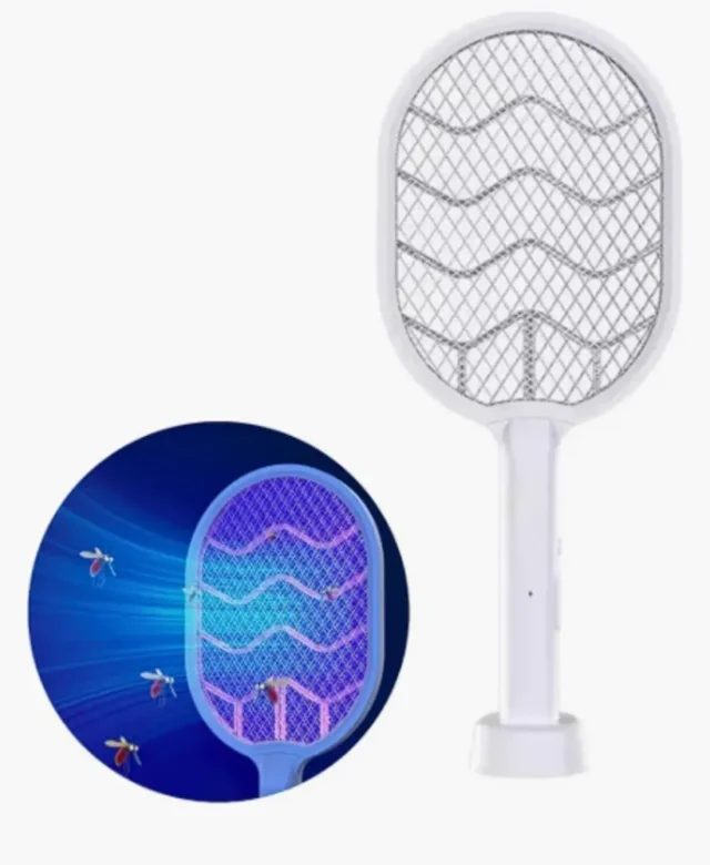 Raqueta matamosquitos eléctrica recargable por USB, rejilla de alto voltaje, con base, para hogar y exteriores, foto 1 de 4