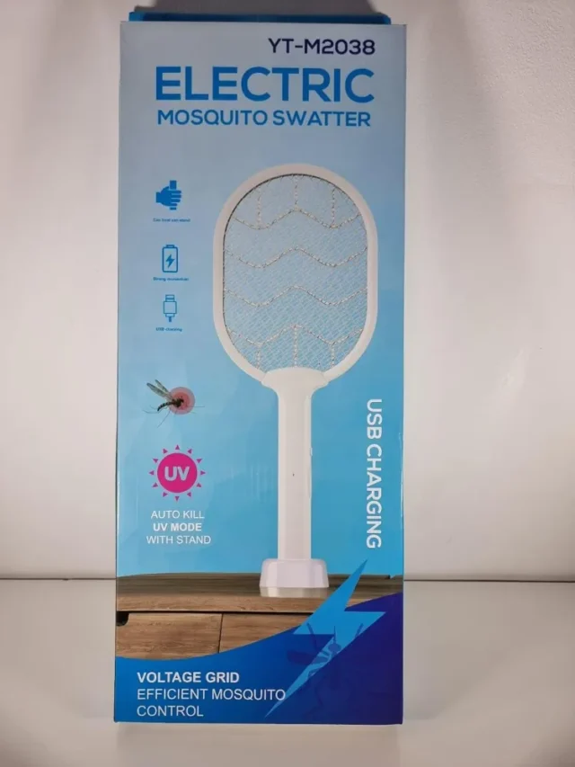 Raqueta matamosquitos eléctrica recargable por USB, rejilla de alto voltaje, con base, para hogar y exteriores, foto 2 de 4