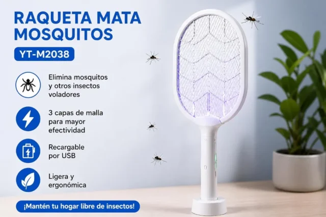 Raqueta matamosquitos eléctrica recargable por USB, rejilla de alto voltaje, con base, para hogar y exteriores, foto 4 de 4