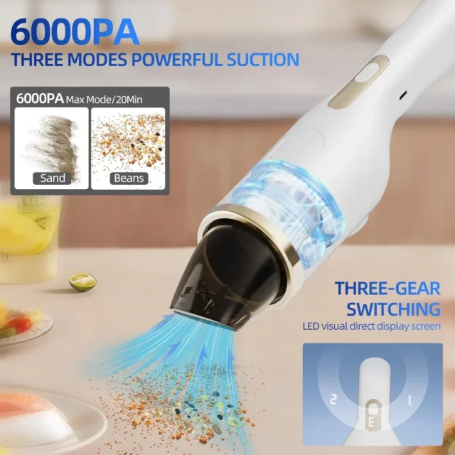 Aspirador inalámbrico con luz LED, 2 en 1 Succión y Soplador, Mini aspirador de mano con filtro HEPA, 4 boquillas para limpieza profunda, hogar, sofá, pelo de mascota, teclado, blanco, foto 2 de 2