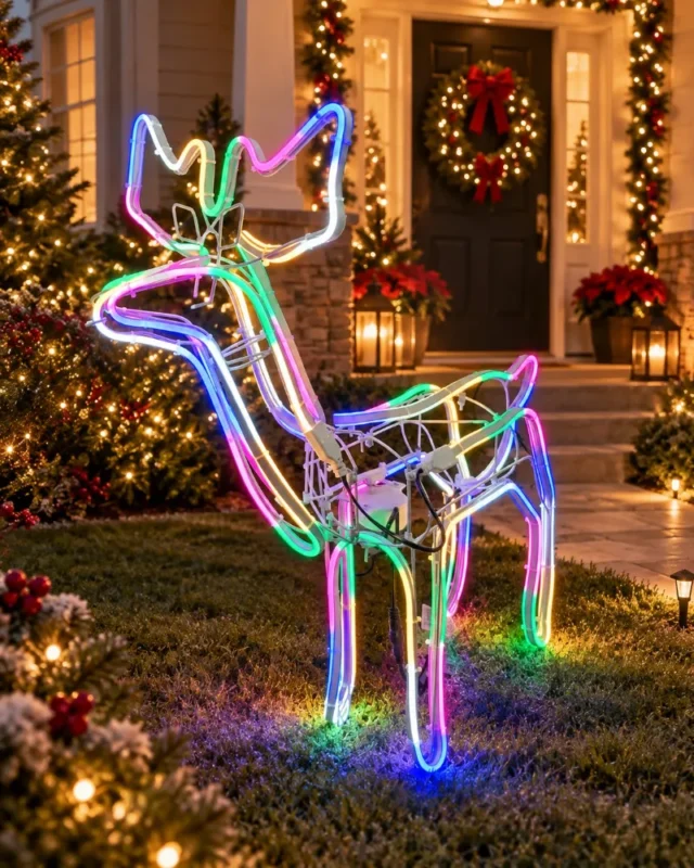 Figura de reno con luces LED de neón, multicolor, cabeza móvil para decoración de exteriores, hogar y fiestas , dimensiones: 30 x 27 x 7 pulgadas.