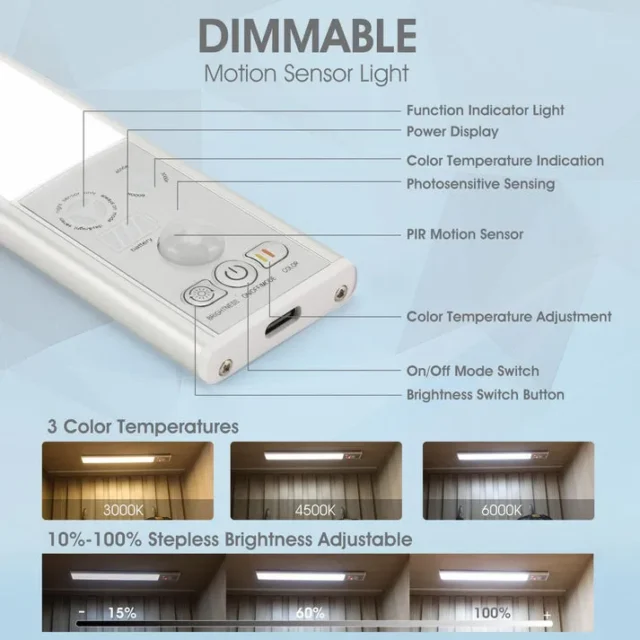 Pack de 2 Luces LED Ocultas 36cm Recargables con Sensor de Movimiento, 3 temperaturas de color, para hogar y gabinetes, foto 2 de 5