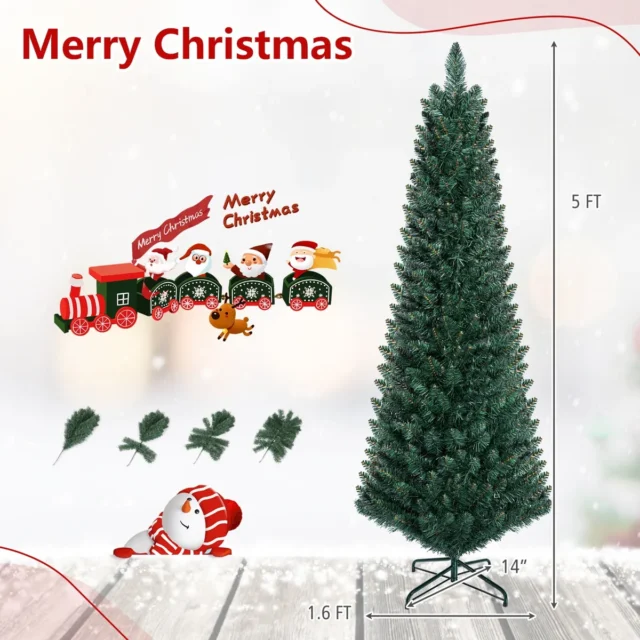 Árbol de Navidad artificial tipo lápiz 150 cm altura, base hierro, 220 ramas PVC verde, foto 3 de 5