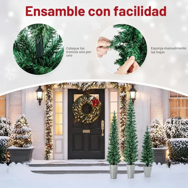 Juego de 3 árboles de Navidad artificial en maceta, tamaños variados, base metálica estable, foto 2 de 4