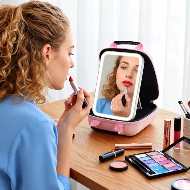 Organizador de maquillaje rosado con espejo LED, organizador portátil con compartimentos para brochas y cosméticos, foto 2 de 3