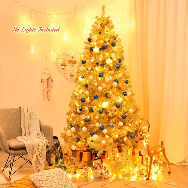 Árbol de Navidad artificial Costway de oropel dorado champán 225 cm con 1258 puntas, soporte metal resistente, PVC inodoro, armable en 3 secciones, foto 3 de 3