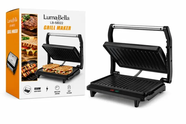 Parrilla eléctrica LUMABELLA LB-58022, calentamiento rápido, 850W de potencia, antiadherente, fácil de limpiar, para bistecs, sándwiches y mariscos, uso en hogar y espacios reducidos, foto 3 de 3