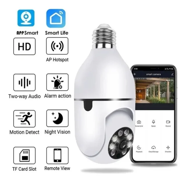 Cámara WiFi panorámica 360° con bombilla LED, micrófono y detección de movimiento, foto 6 de 7